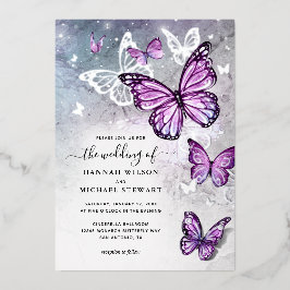 水エレガント色パープルバタフ結婚ィーズ実在 箔招待状