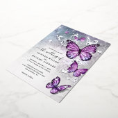 水エレガント色パープルバタフ結婚ィーズ実在 箔招待状 (回転した状態)
