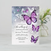 水エレガント色パープルバタフ結婚ィーズ実在 箔招待状 (立ち正面)