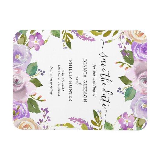 水エレガント色パープルフローラ日付の保存 マグネット (横)