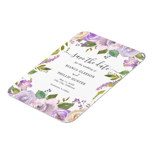 水エレガント色パープルフローラ日付の保存 マグネット (左側)