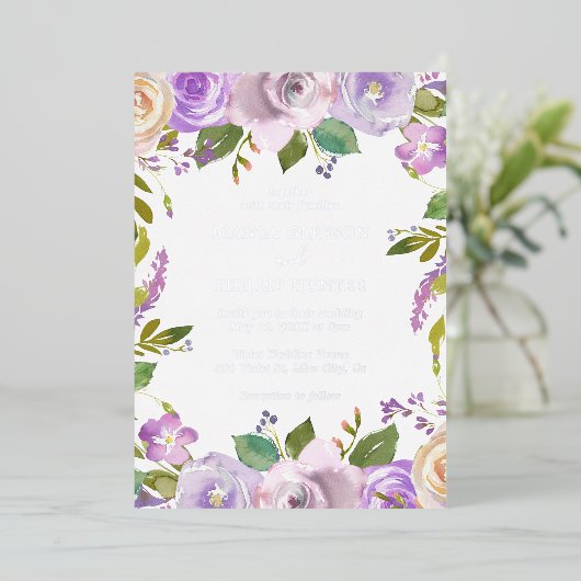 水エレガント色パープルフローラ結婚ズシルバー 箔招待状 (立ち正面)