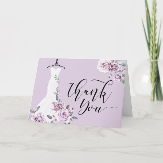 水エレガント色パープルフローラ結婚ズドレス サンキューカード (正面)