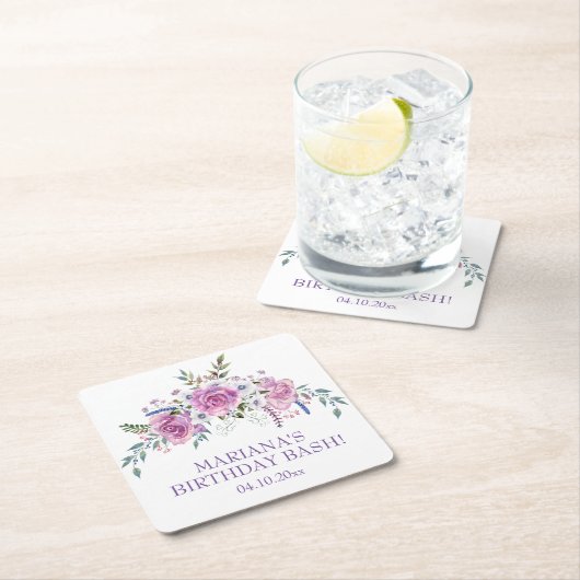 水エレガント色パープルフローラ誕生日パーティー スクエアペーパーコースター (インサイチュ)