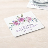 水エレガント色パープルフローラ誕生日パーティー スクエアペーパーコースター (アングル)