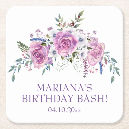 水エレガント色パープルフローラ誕生日パーティー スクエアペーパーコースター (正面)