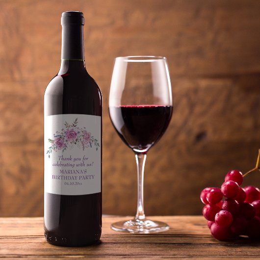 水エレガント色パープルフローラ誕生日パーティー ワインラベル