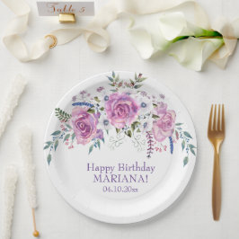 水エレガント色パープルフローラ誕生日パーティーNa ペーパープレート