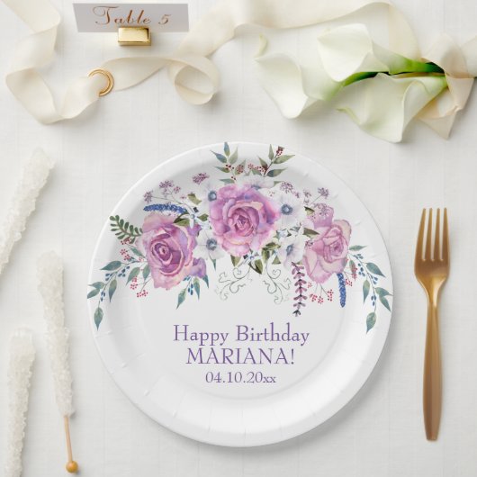 水エレガント色パープルフローラ誕生日パーティーNa ペーパープレート (ウェディング)