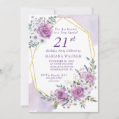 水エレガント色パープルフローラ21歳の誕生日 招待状 (正面)