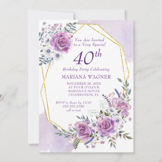 水エレガント色パープルフローラ40歳の誕生日 招待状 (正面)