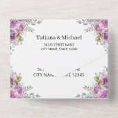 水エレガント色パープルフローラqrコー結婚ド オールインワン招待状 (裏面)