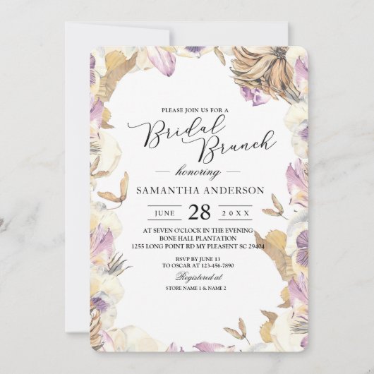 水エレガント色パープル&イエロー美しい花 招待状 (正面)