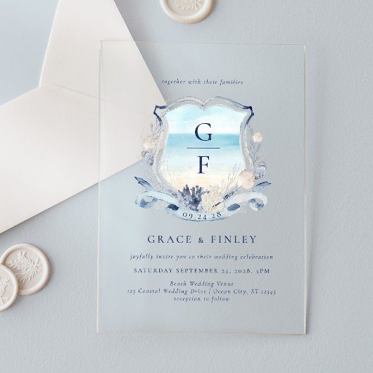 水エレガント色ビーチモノグラム結婚クレスト アクリル招待状