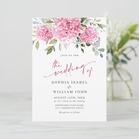水エレガント色ピンクあじさい写真結婚の 招待状 (スタンド正面)