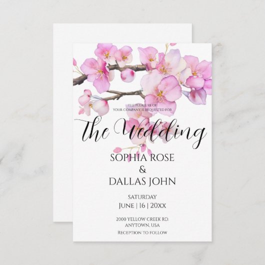 水エレガント色ピンクのさくらんぼが咲く結婚 招待状 (正面/裏面)
