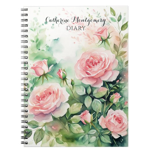 水エレガント色ピンクのバラと緑の離れバラ ノートブック (正面)