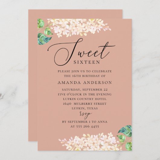 水エレガント色ピンクのフローラ甘い16誕生日 招待状 (正面/裏面)