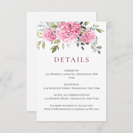 水エレガント色ピンクアジサイ結婚の詳細 エンクロージャーカード (正面/裏面)