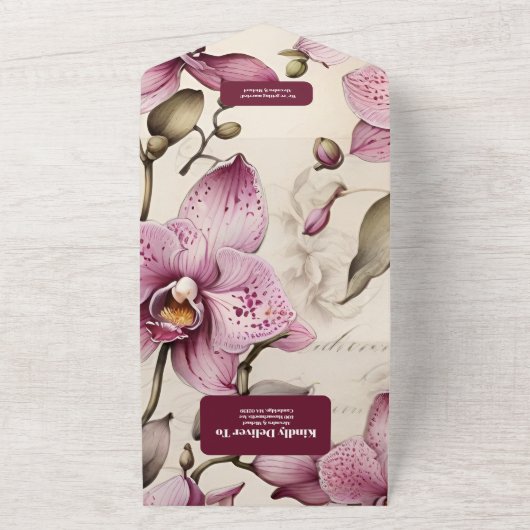 水エレガント色ピンクオーキッ結婚チ オールインワン招待状 (外側)