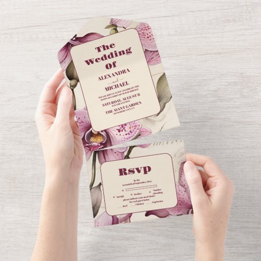 水エレガント色ピンクオーキッ結婚チ オールインワン招待状 (貼ってはがせる)