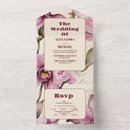 水エレガント色ピンクオーキッ結婚チ オールインワン招待状 (内側)