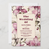 水エレガント色ピンクオーキッ結婚チ 招待状 (正面)