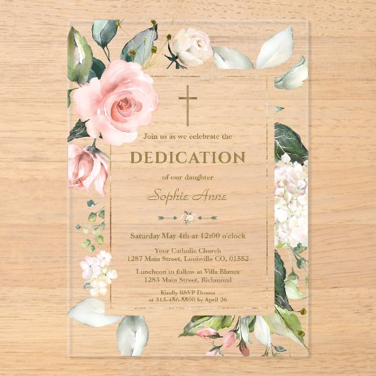 水エレガント色ピンククリーム花献身 アクリル招待状 (正面)