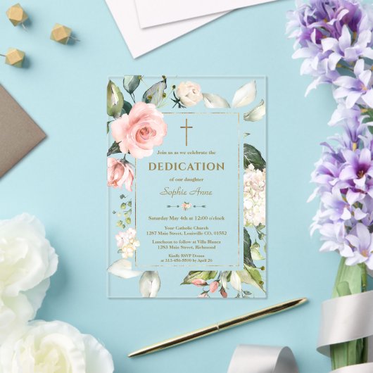 水エレガント色ピンククリーム花献身 アクリル招待状 (インサイチュ (ウェディング))