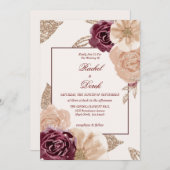 水エレガント色ピンクバーガンディフローラ結婚ズ 招待状 (正面/裏面)