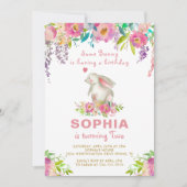 水エレガント色ピンクフローラいくつかのバニー誕生日 招待状 (正面)