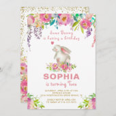 水エレガント色ピンクフローラいくつかのバニー誕生日 招待状 (正面/裏面)
