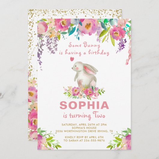 水エレガント色ピンクフローラいくつかのバニー誕生日 招待状 (正面/裏面)