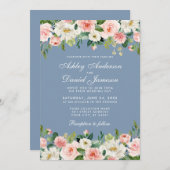 水エレガント色ピンクフローラダスティブルー結婚ズ 招待状 (正面/裏面)