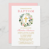 水エレガント色ピンクフローラリース金ゴールドバプテスマ 招待状 (正面/裏面)
