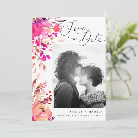 水エレガント色ピンクフローラ秋秋結婚の セーブザデート (スタンド正面)