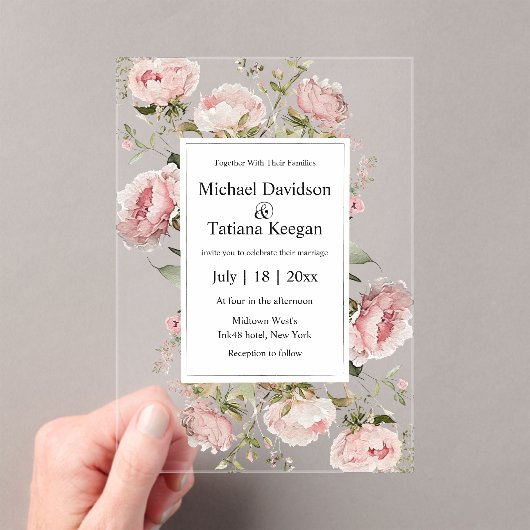 水エレガント色ピンクフローラ結婚開花 アクリル招待状 (インサイチュ (ポータブル))