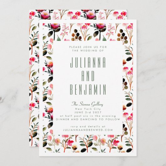 水エレガント色ピンクフローラ緑結婚色 招待状 (正面/裏面)