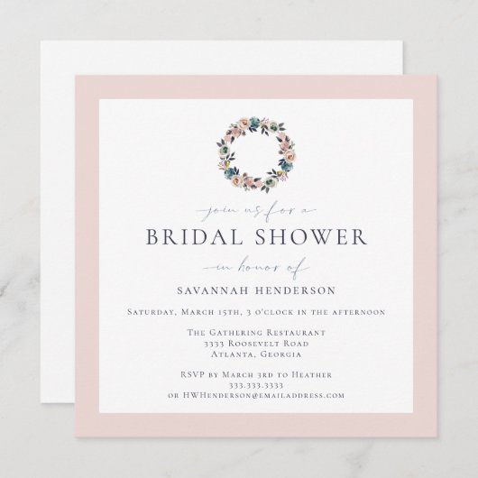 水エレガント色ピンクブルーリースブライダルシャワー 招待状 (正面/裏面)