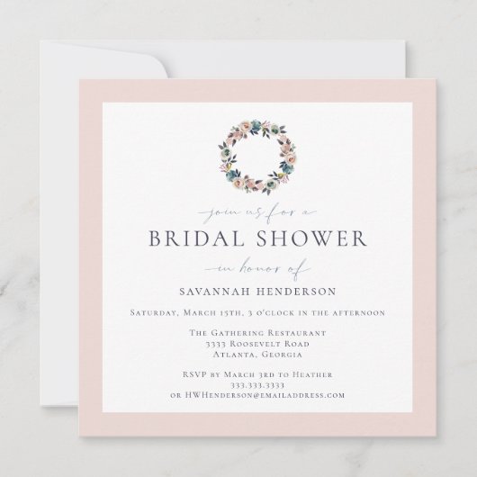 水エレガント色ピンクブルーリースブライダルシャワー 招待状 (正面)