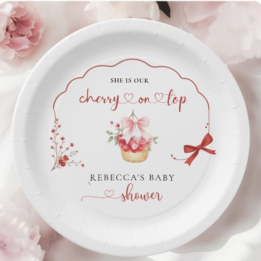 水エレガント色ピンクボウさくらんぼベビーシャワー ペーパープレート