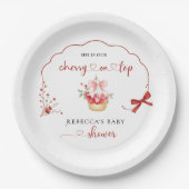 水エレガント色ピンクボウさくらんぼベビーシャワー ペーパープレート (正面)