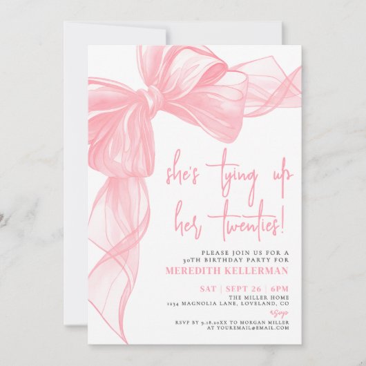 水エレガント色ピンクボウ誕生日パーティー 招待状 (正面)