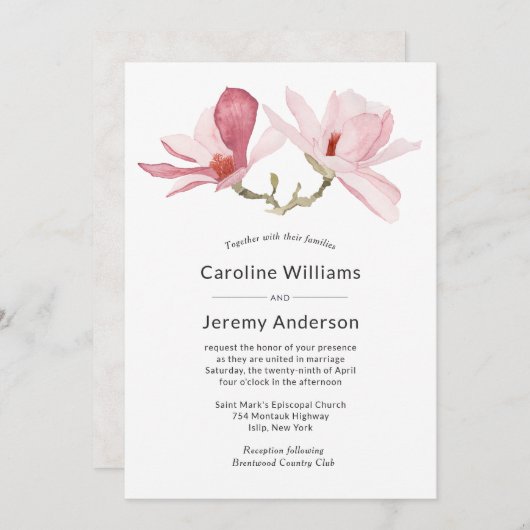 水エレガント色ピンクマグノリア結婚ズ 招待状 (正面/裏面)