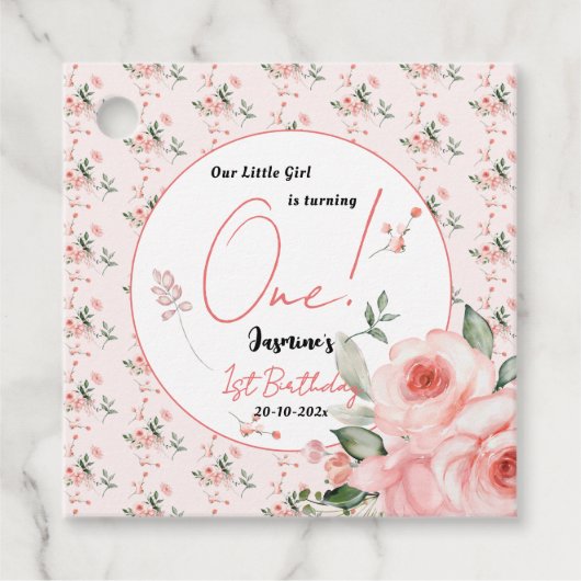 水エレガント色ピンクローズガール1st誕生日 フェイバータグ (正面)