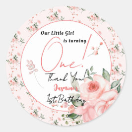 水エレガント色ピンクローズガール1st誕生日 ラウンドシール