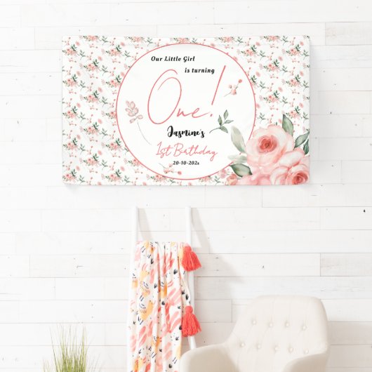 水エレガント色ピンクローズガール1st誕生日 横断幕 (インサイチュ)