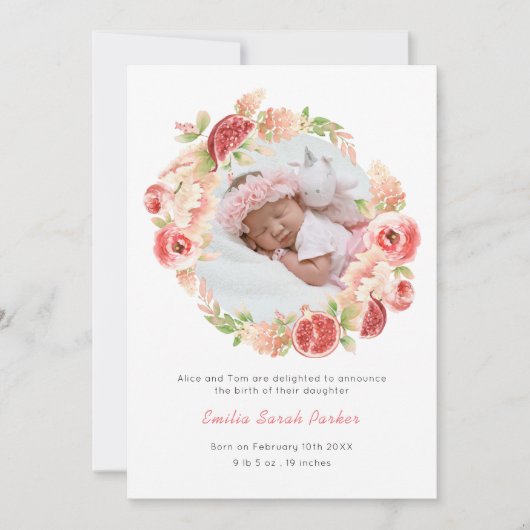 水エレガント色ピンクローズフローラフォト誕生 案内状 (正面)