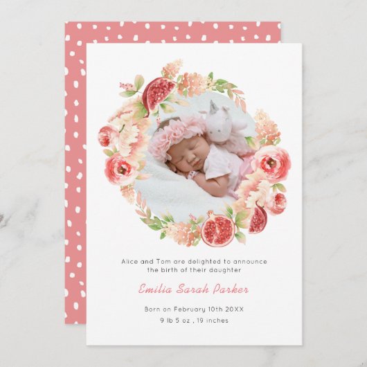 水エレガント色ピンクローズフローラフォト誕生 案内状 (正面/裏面)