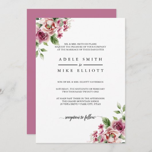 水エレガント色ピンクローズブーケ結婚ス 招待状 (正面/裏面)